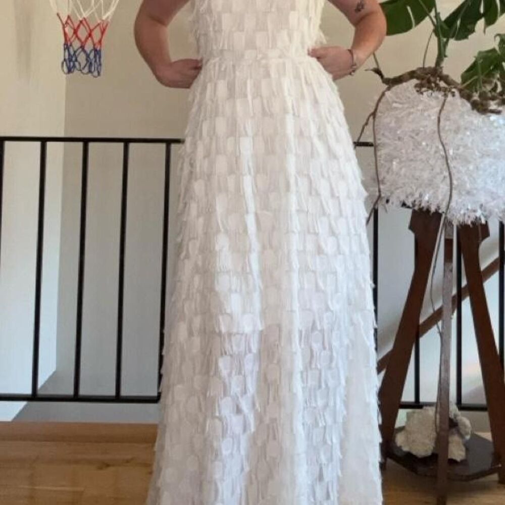 White Boho Feather Look Fringe Backless Maxi Dress - Small / Medium